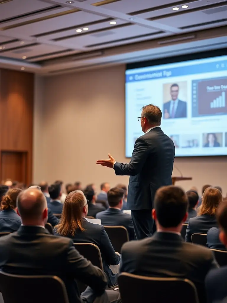 A keynote speaker delivering an engaging presentation on stage at the Sales & CRM conference, with a large screen displaying data-driven insights.