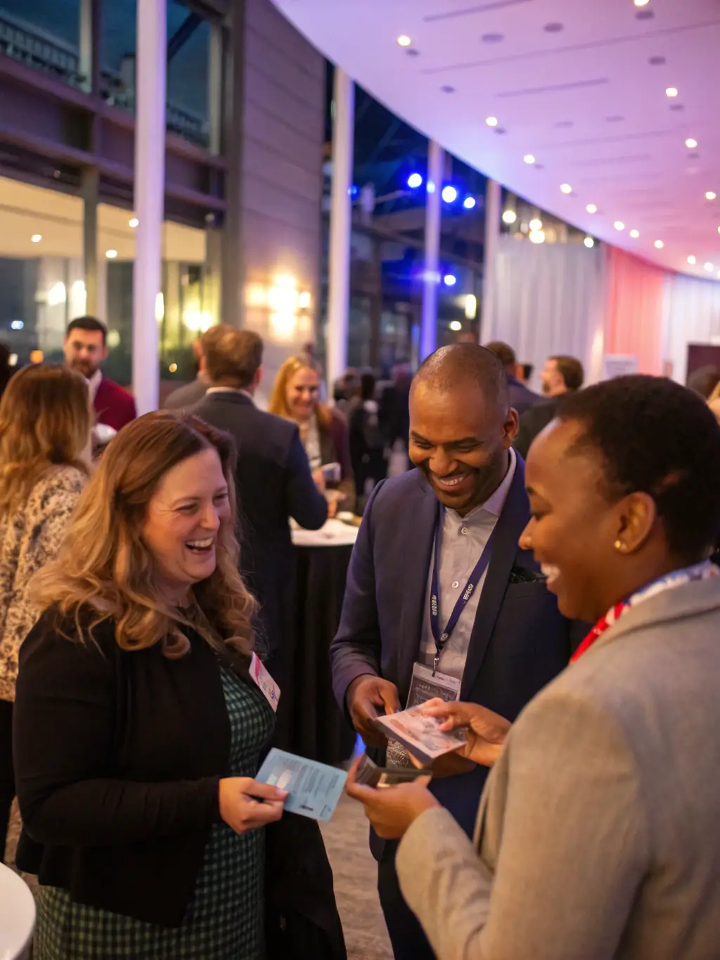 A networking event at the conference, showing professionals connecting and exchanging business cards in a relaxed and collaborative environment.