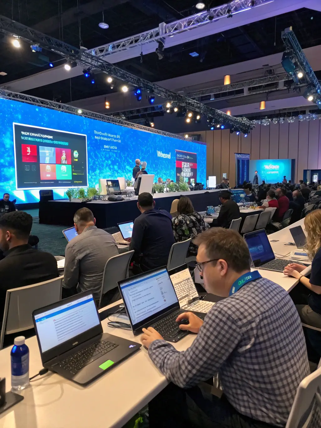A diverse group of conference attendees actively participating in a workshop session, with laptops and notebooks open, focused on learning new CRM techniques.